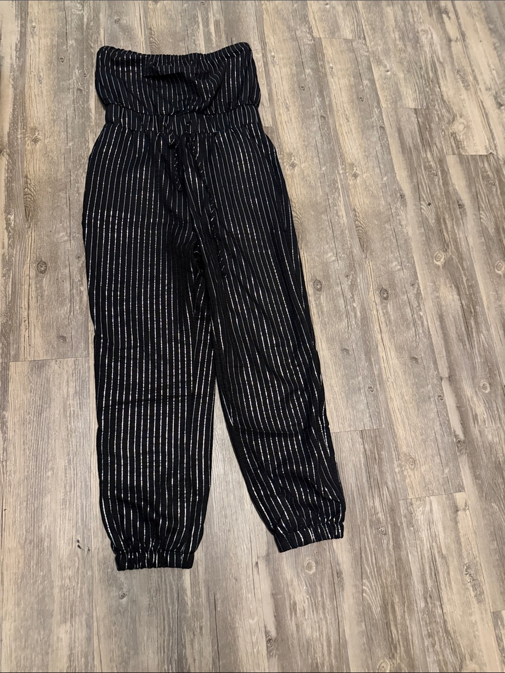 Black Strapless Jumpsuit with Metallic Pinstripes